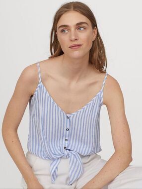 H&M White & Blue Striped Crinkled Tie Hem Cropped Top - Size XS Womens